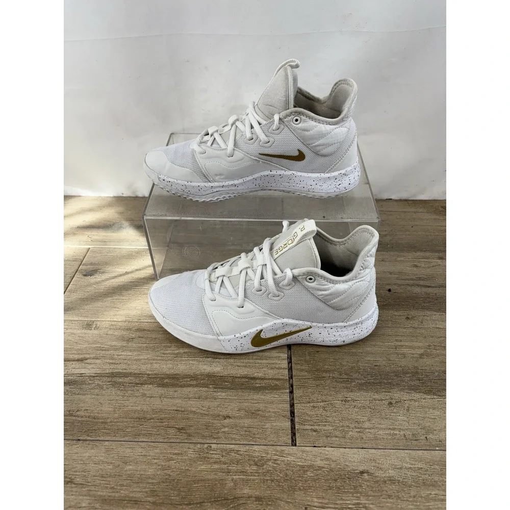 Nike PG 3 White Metallic Gold Speckled Basketball Shoes AV7928-991 Kids Size 7Y‎